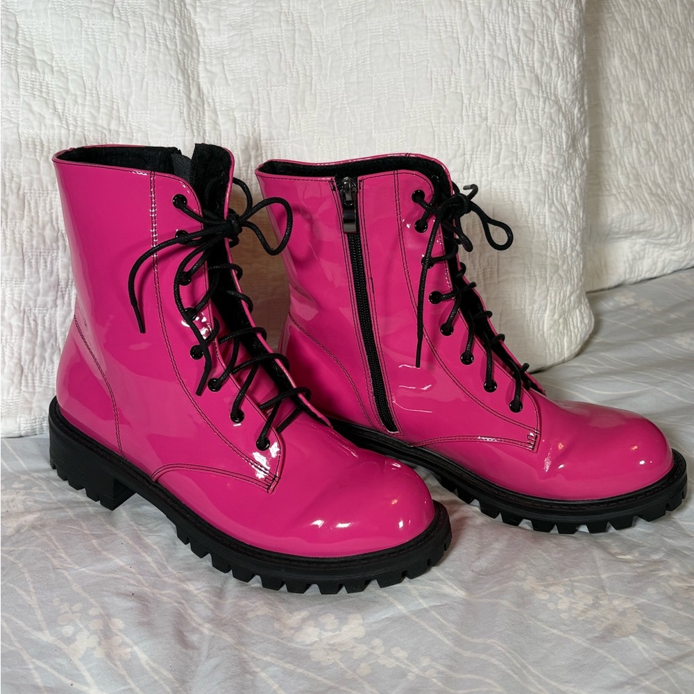 Pink Patent Lace-Up Combat Boots - LAST CHANCE!